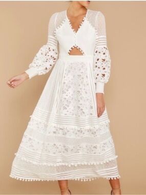 L'ATISTE White Long Sleeve Midi Dress with Eyelet & Cutout